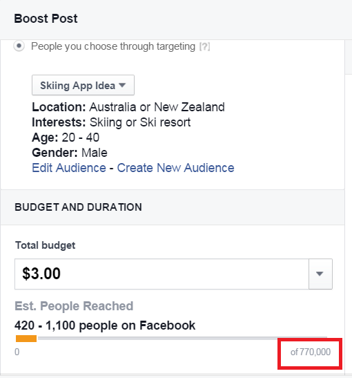 Estimated facebook reach for a skiing app idea