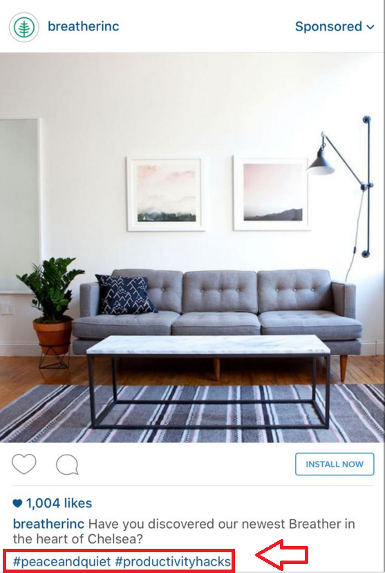 using hashtags on Instagram app install ads