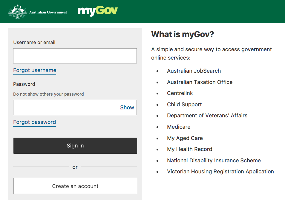 Mygov Signing in process